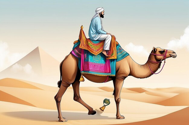 Foto ilustração de camelos com materiais de arte islâmica do ramadão