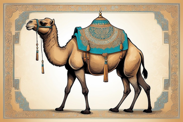 Foto ilustração de camelos com materiais de arte islâmica do ramadão