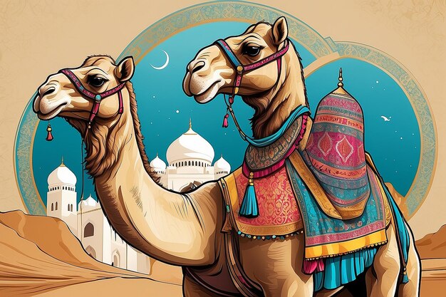 Foto ilustração de camelos com materiais de arte islâmica do ramadão