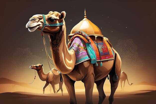 Ilustração de camelos com materiais de arte islâmica do Ramadão