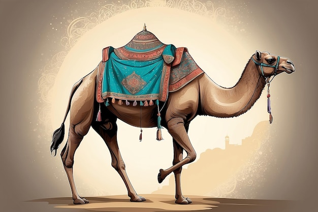 Ilustração de camelos com materiais de arte islâmica do Ramadão