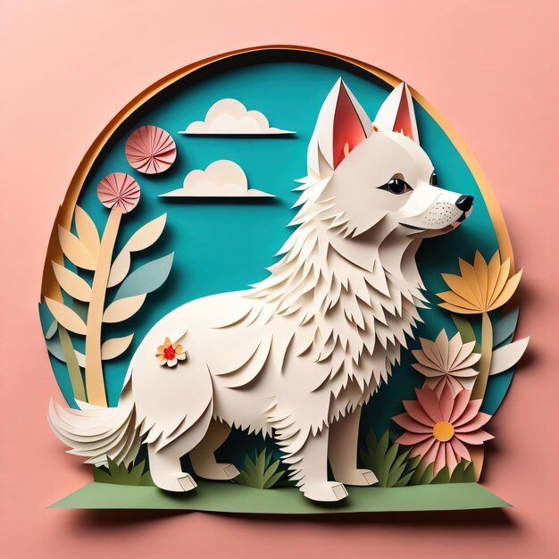 Ilustração de cão bonito de estilo vetorial de origami de corte de papel para design de camiseta e decoração doméstica