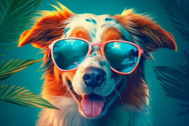 Ilustração de cão feliz usando óculos de sol bandeira engraçada de férias de verão