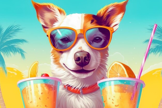 Ilustração de cão feliz usando óculos de sol com coquetel bandeira engraçada de férias de verão