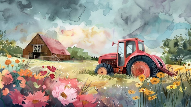 Ilustração de capa de aquarela para adultos Cena de fazenda tranquila com um celeiro de tratores e moldura de flores ousadas