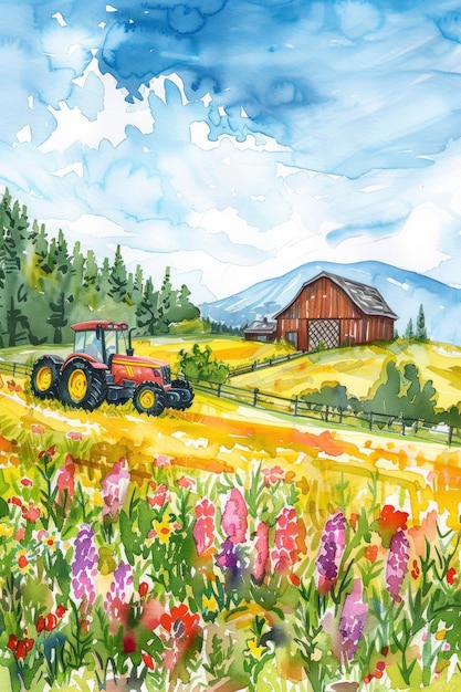 Ilustração de capa de aquarela para adultos Cena de fazenda tranquila com um celeiro de tratores e moldura de flores ousadas