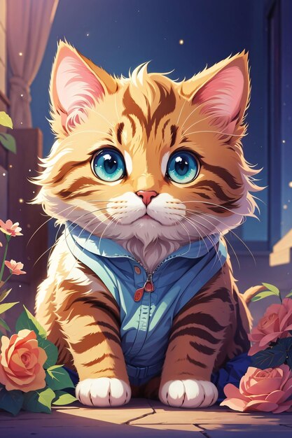 Ilustração de capa de livro de um bonito gatinho de gato com fundo colorido estilo anime