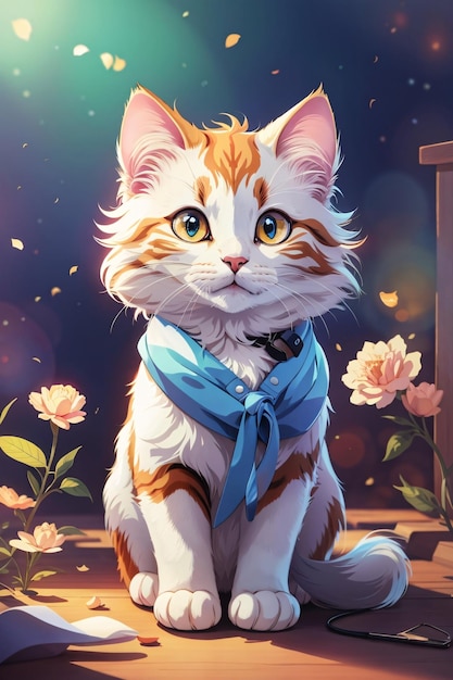Ilustração de capa de livro de um bonito gatinho de gato com fundo colorido estilo anime
