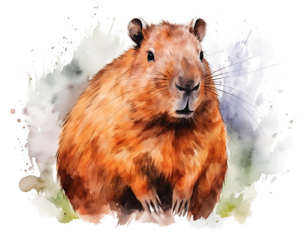 Ilustração de capibara em estilo de aquarela com salpicos em fundo branco