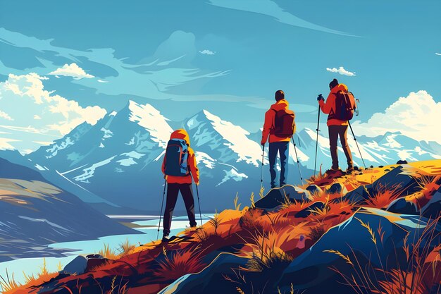 Ilustração de caricaturas de amigos caminhando até o pico da montanha Tipo de cartaz vetorial com vistas de tirar o fôlego