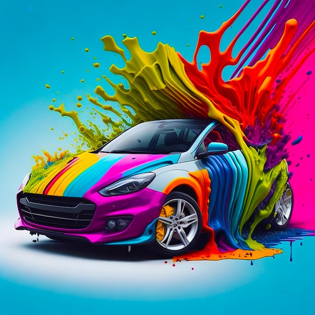 Foto ilustração de carro coberto com fundo de arco-íris de tinta colorida gerado por ia