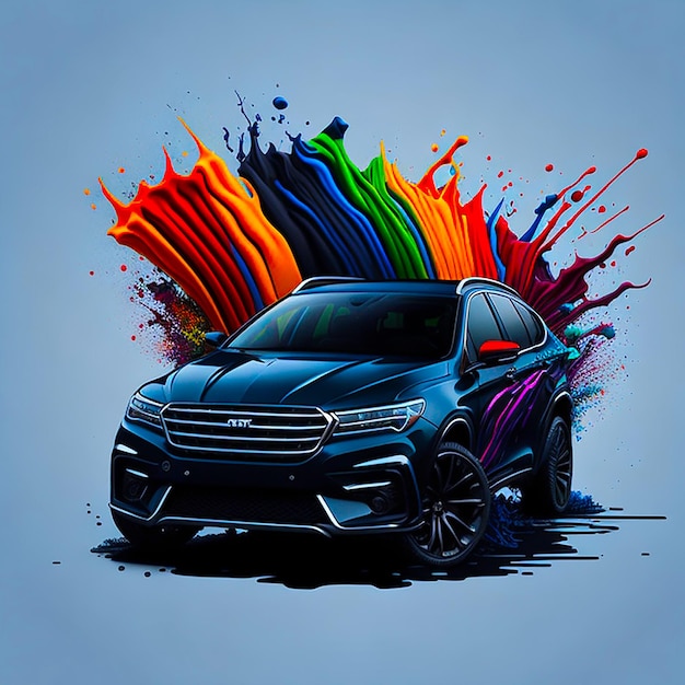 Foto ilustração de carro coberto com fundo de arco-íris de tinta colorida gerado por ia