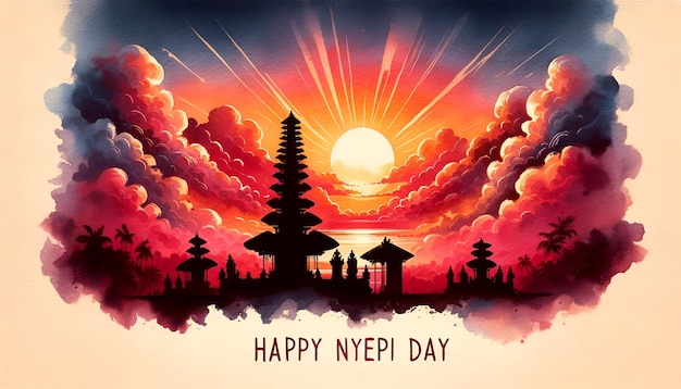 Ilustração de cartão de saudação do dia Nyepi em estilo aquarela