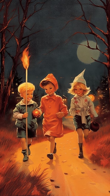 ilustração de cartão postal de livro infantil retrô vintage dos anos 1950 fantasia assustadora de halloween sorriso bruxa