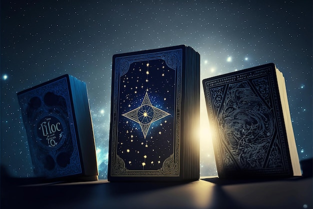 Foto ilustração de cartas de tarô com céu e estrelas em fundo escuro