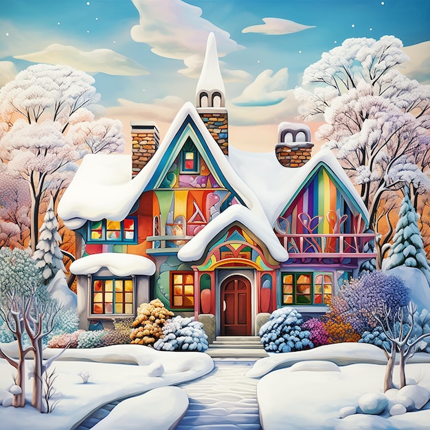 ilustração de casa de conto de fadas com pintura de cena de inverno