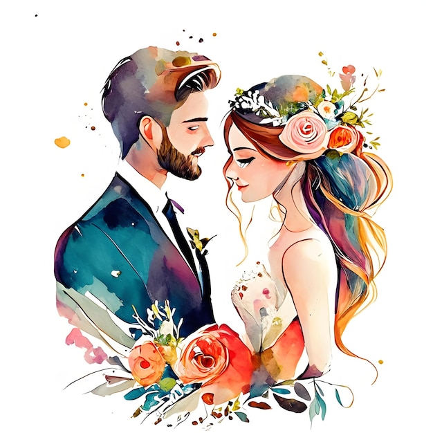 Ilustração de casal em aquarela de casamento