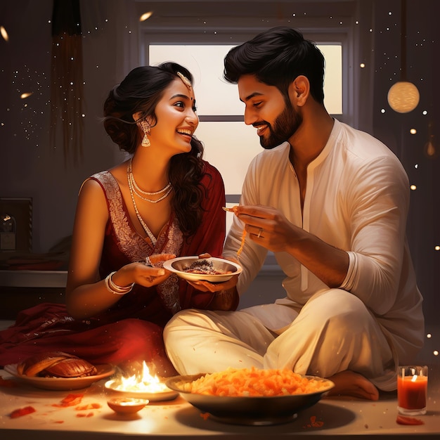 ilustração de casal indiano comemorando karwa chauth cheio de