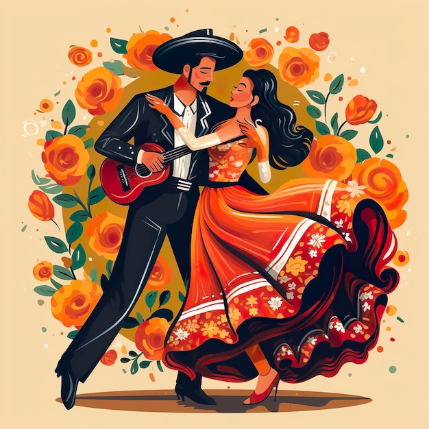 Ilustração de casal mexicano vestindo traje cultural tradicional gerador de IA