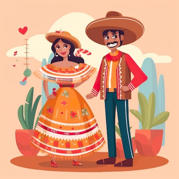 Ilustração de casal mexicano vestindo traje cultural tradicional gerador de IA