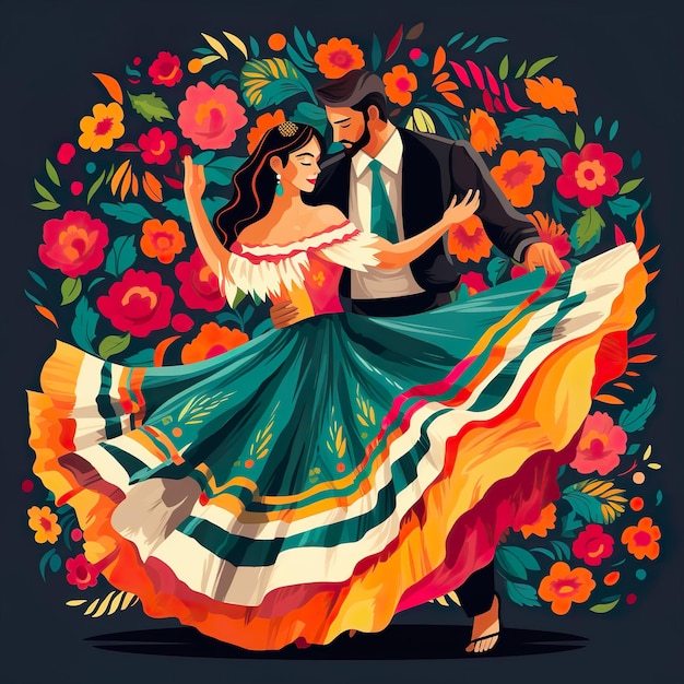 Ilustração de casal mexicano vestindo traje cultural tradicional gerador de IA