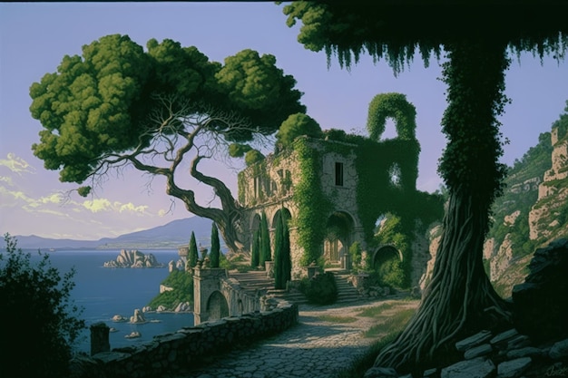 Ilustração de castelo medieval em um conceito de fantasia de colina estilo anime Generative AI