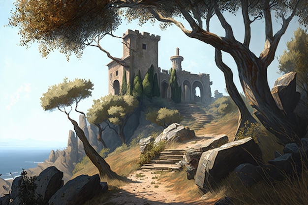 Ilustração de castelo medieval em um conceito de fantasia de colina estilo anime Generative AI