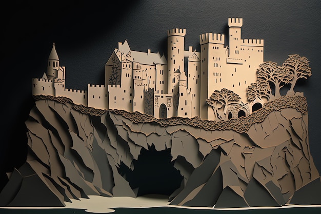 Ilustração de castelo medieval feita com fundo de recorte de papel Generative AI