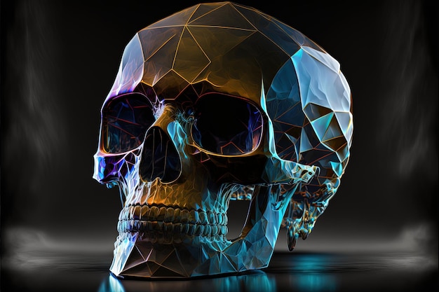 Ilustração de caveira de cristal com formas octogonais, fundo escuro. IA generativa