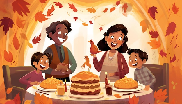 Ilustração de celebração familiar do Dia de Ação de Graças
