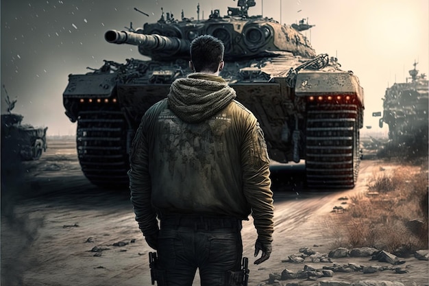 Ilustração de cena de guerra com soldado na frente de um tanque de guerra. IA generativa