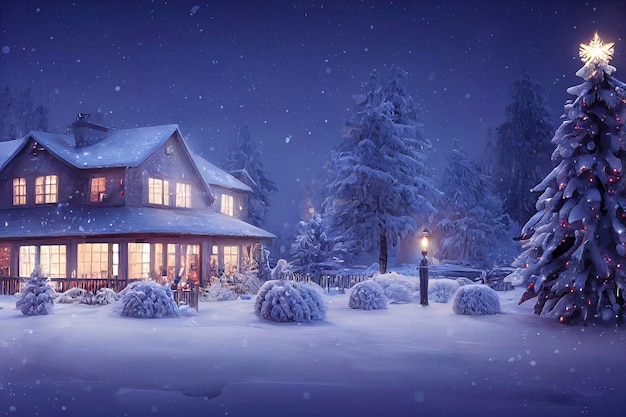 Ilustração de cena de Natal ao ar livre de uma casa de Natal com paisagem de inverno de neve em uma vila