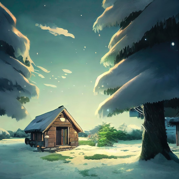 Ilustração de cena de Natal ao ar livre de uma casa de Natal com paisagem de inverno de neve em uma vila