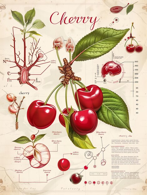 Foto ilustração de cereja no estilo de um antigo livro de ciência com infográficos