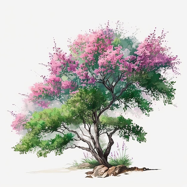 Ilustração de cerejeira de primavera em aquarela em fundo branco Ai gerado