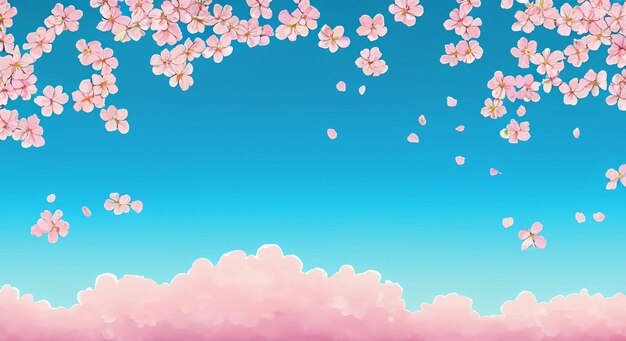 Foto ilustração de céu azul e pétalas de sakura dançando