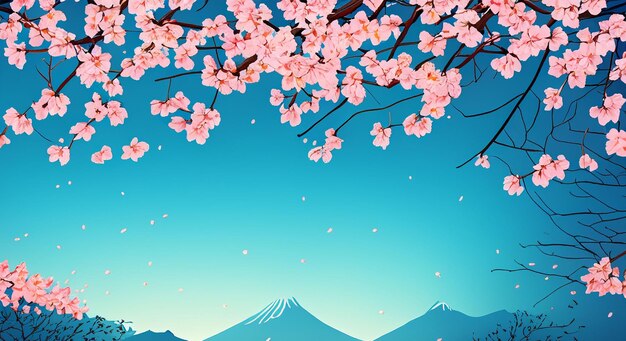Foto ilustração de céu azul e pétalas de sakura dançando