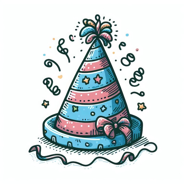 ilustração de chapéu de cone de aniversário desenhado à mão em estilo vintage colorido isolado em fundo branco