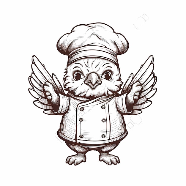 ilustração de chef de frango chibi fofo em um fundo branco acenando asa