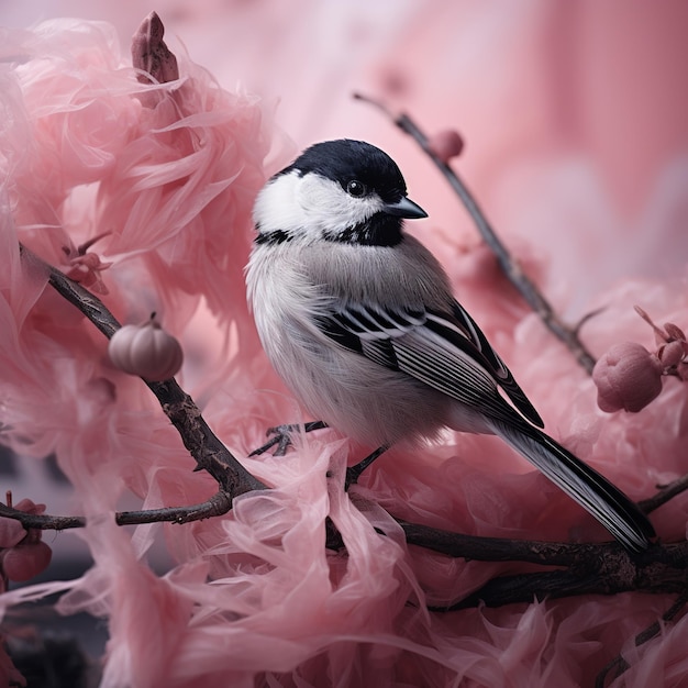 ilustração de chiffon rosa e renda e um chickade preto e branco