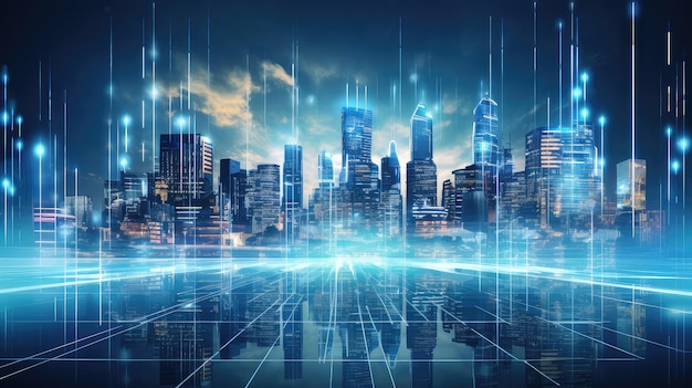 ilustração de cidade digital inteligente on-line smconnect rede futurista linha paisagem abstrata cidade digital inteligente on-line gerada por IA