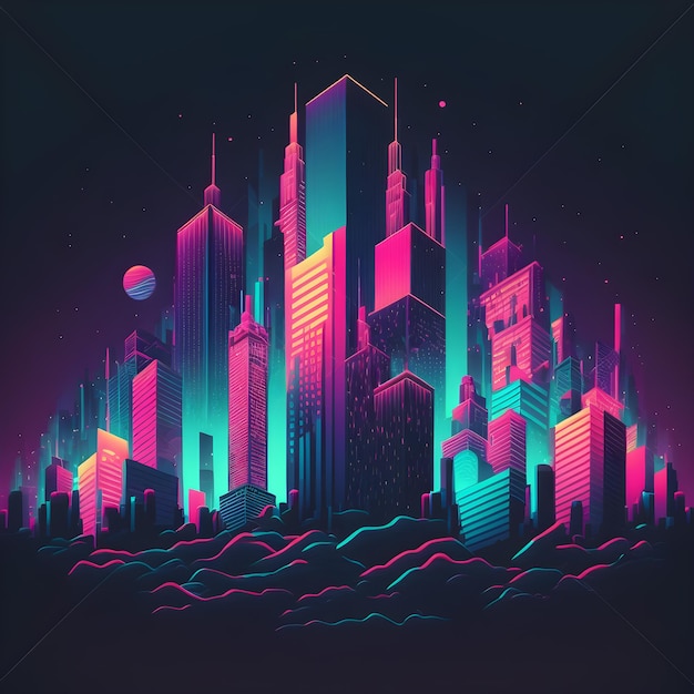 Ilustração de cidade espacial futurista Vivid Night Arranha-céus Cyberpunk Design Generative AI