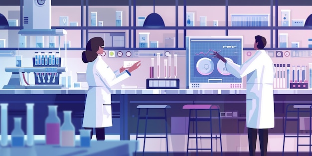Ilustração de cientistas a partilhar dados num ecrã transparente num laboratório de alta tecnologia