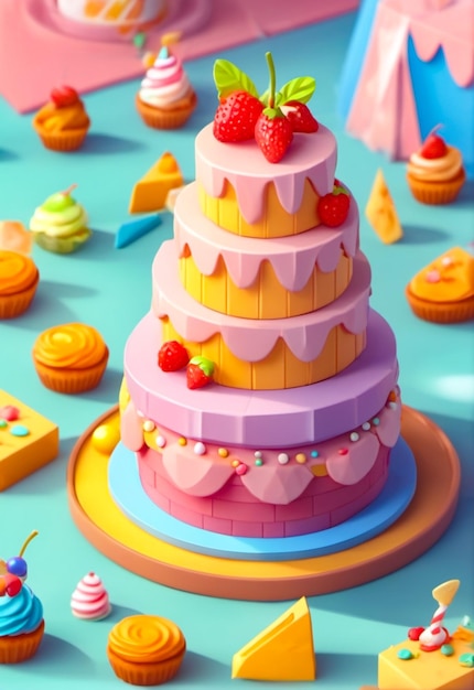 Ilustração de clipart de bolo de aniversário com frutas para fundo de aniversário