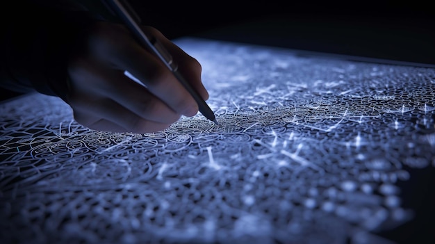 Ilustração de codificação criativa abstrata com mapa do mundo e escrita manual do homem em diário em fundo em