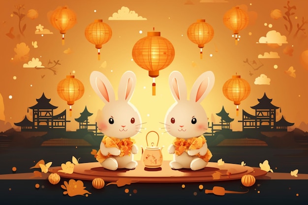 Ilustração de coelhos chineses no meio do dia de outono