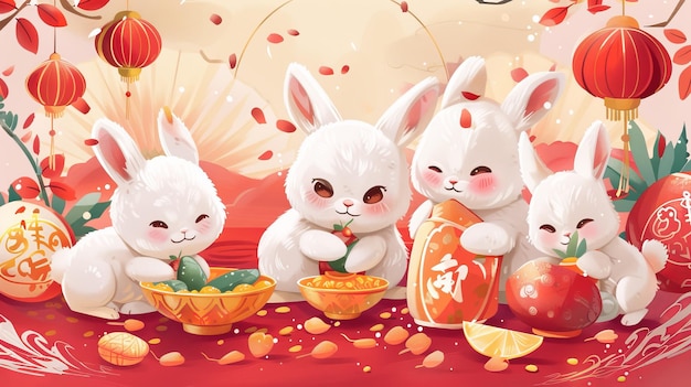 Ilustração de coelhos fofinhos brincando com comida e objetos para o Ano Novo Chinês Texto De boas-vindas ao ano novo com coelhos de jade