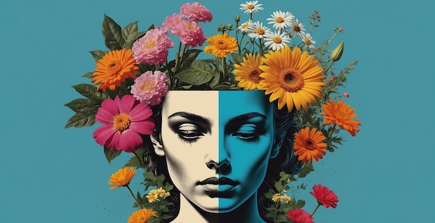 Foto ilustração de colagem de estilo retro dos anos 80 de uma cabeça de mulher dividida como uma panela e flores bonitas