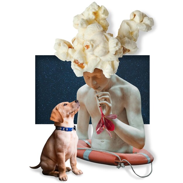 Ilustração de colagem de uma estátua de um menino jovem tocando um cachorro ouvindo