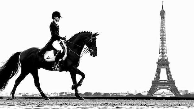 Foto ilustração de colagem minimalista de arte de linha simples com atleta equestre profissional e torre eiffel no fundo dos jogos olímpicos